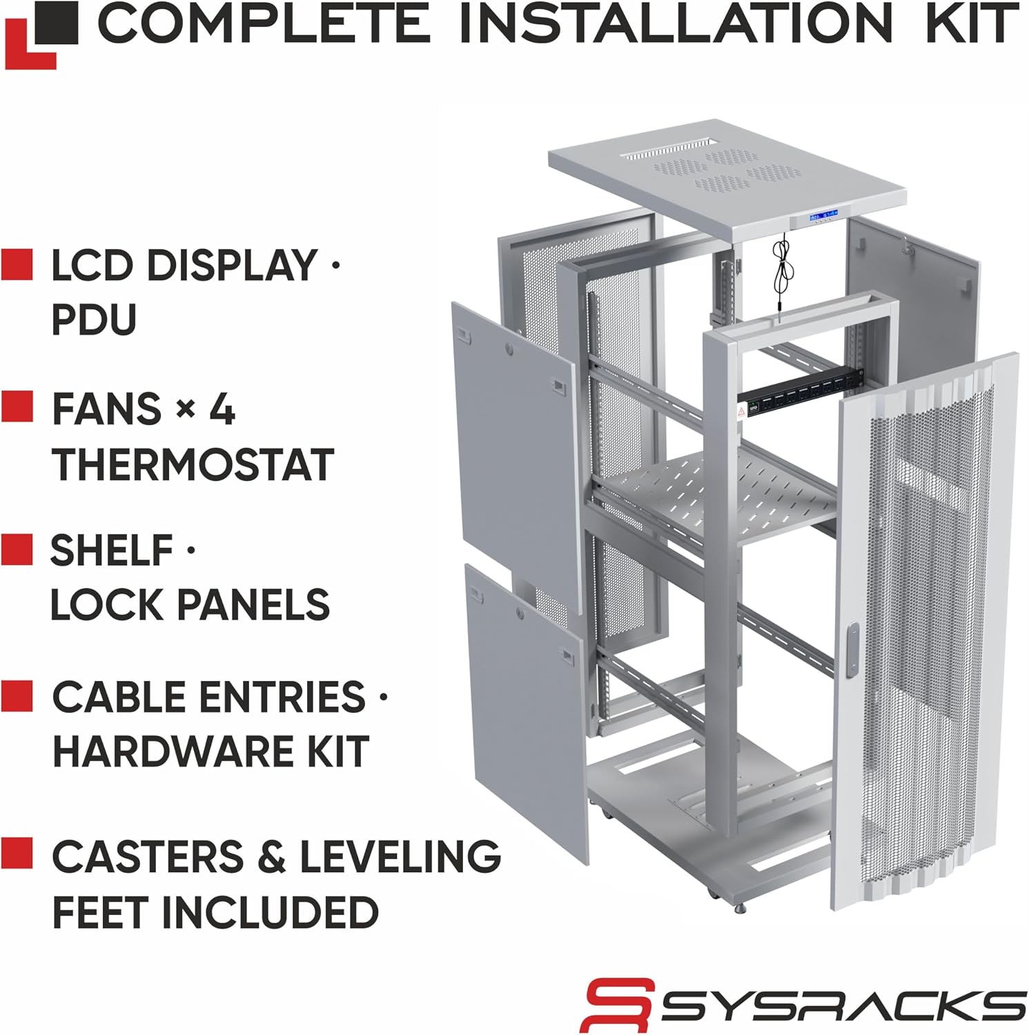42U 35' Deep Server Rack Cabinet, 19' Floor-Standing Network Enclosure with Mesh Door, LCD Thermostat, 4 Cooling Fans, PDU, Shelf, Locking Panels, Casters, 1600 lb Capacity