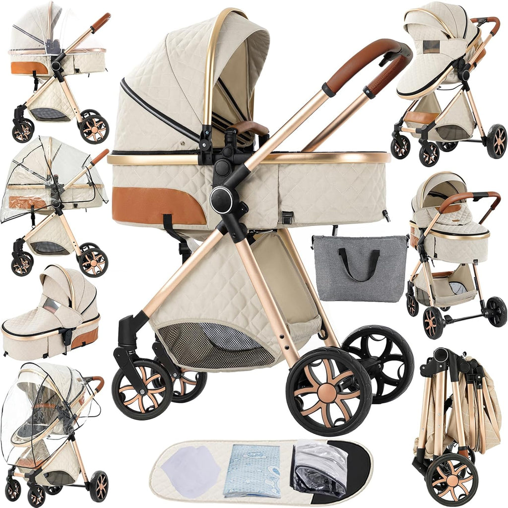 2 in 1 Baby Stroller Reversible Portable Standard Stroller Convertible Pushchair Infant Buggy Baby Carriage Foldable High Landscape Pram for Toddler Newborn (225 Creamy White)