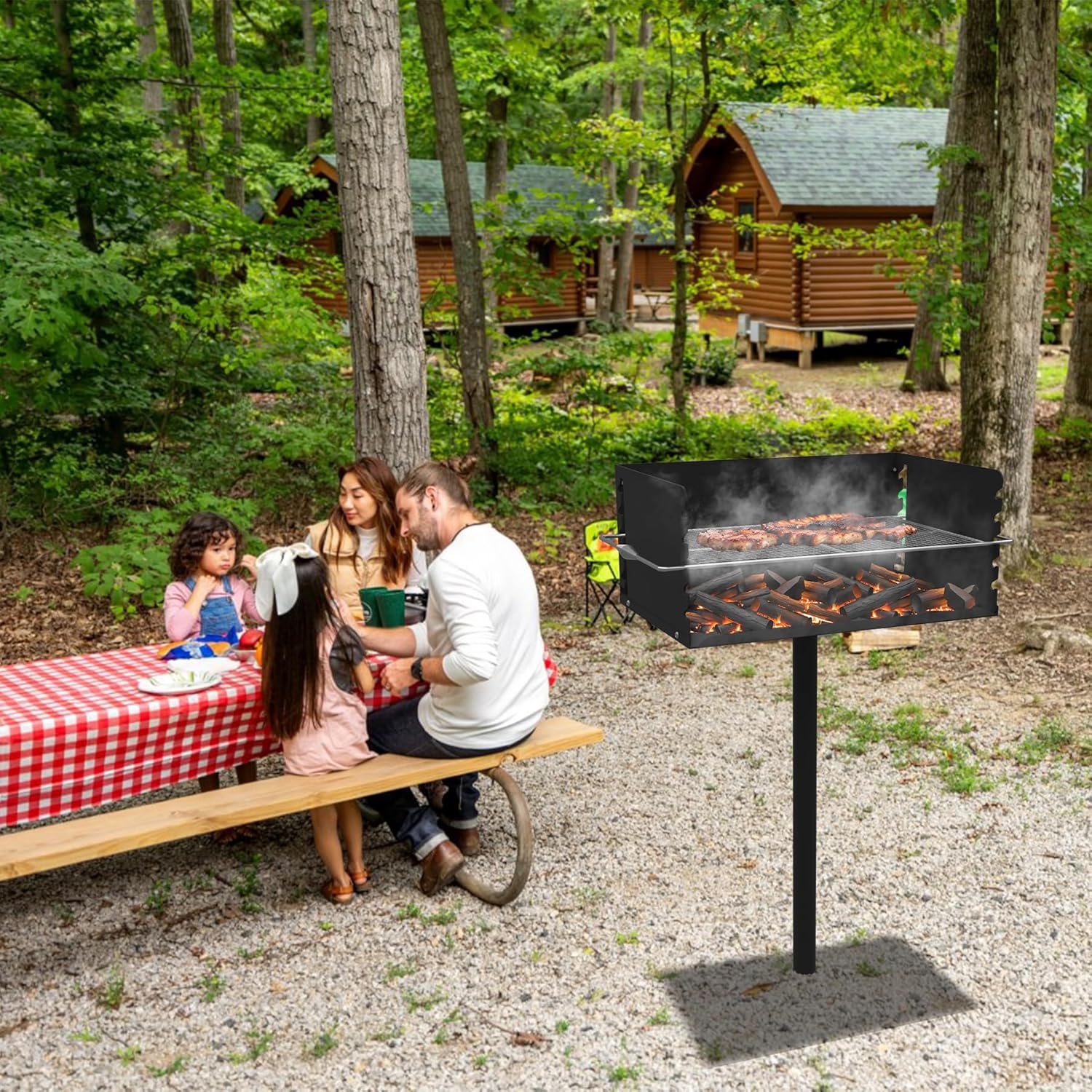 Park Grills, 384 Sq. In, Park Style Charcoal Grill, Heavy Duty In Ground Park Grill with Stainless Steel Cooking Grate and Cover for Commercial and Outdoor Cooking 25.5'' L x 17'' W x 11'' H