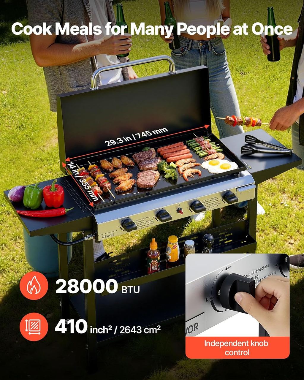VEVOR Gas Griddle, 4-Burner Flat Top Grill, 29 inch Grill Plate Propane Griddle with Wheels, Lid, 28000 BTU Outdoor Flat Top Grills for Pan-Frying, Grilling, Stir-Frying, & BBQ, Pulse Ignition