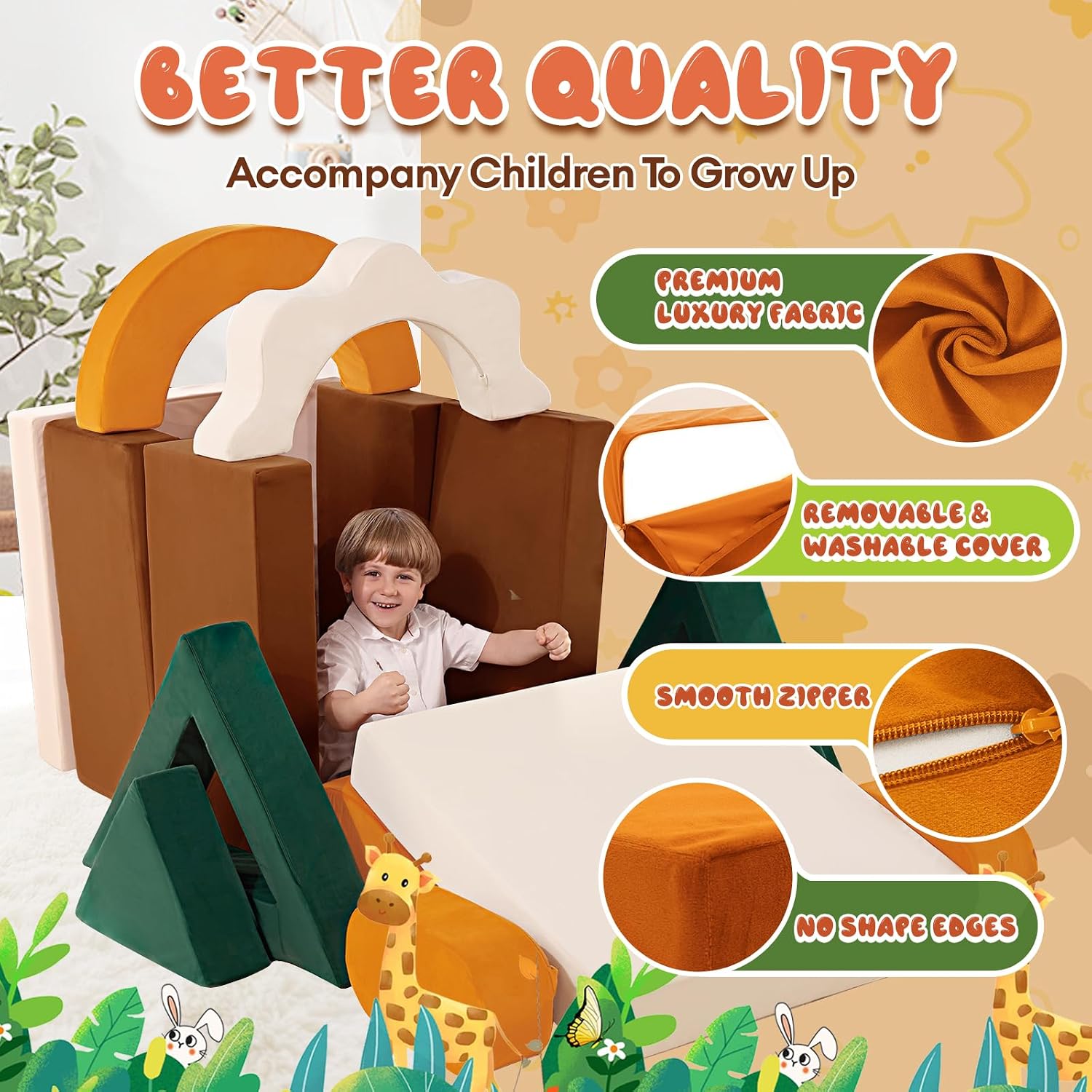 Erament 18PCS Modular Kids Play Couch - Junlge Theme Toddler Couch Building Fort, Convertible Sofa Multifunctional Kids Sofa, Toddler Baby Playroom/Bedroom Furniture for Playing, Sleeping