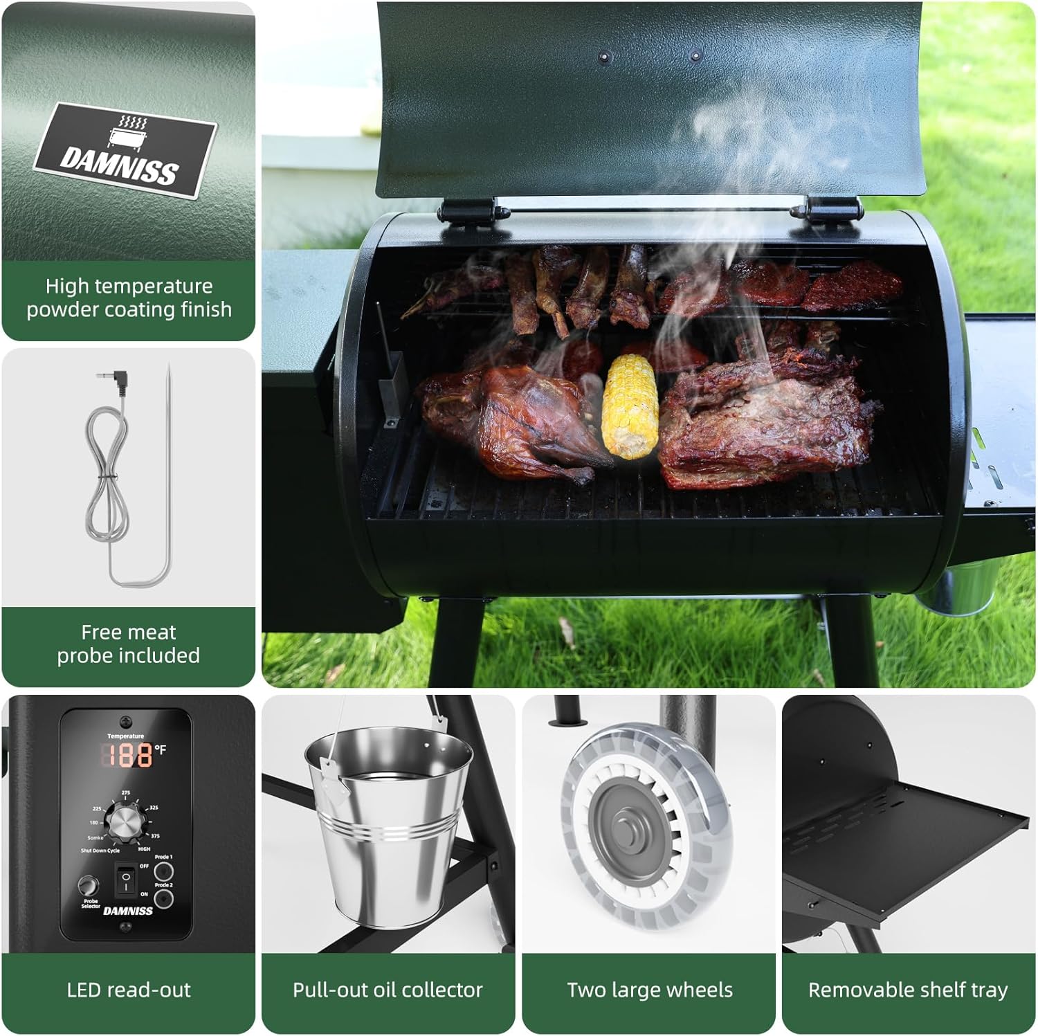 DAMNISS Pellet Grill Smoker 8 In 1 Outdoor Wood Electric Pellet BBQ Grill With PID Temperature Control And Meat Probe 456 Sq.In Removable Cooking Area Easy Clean