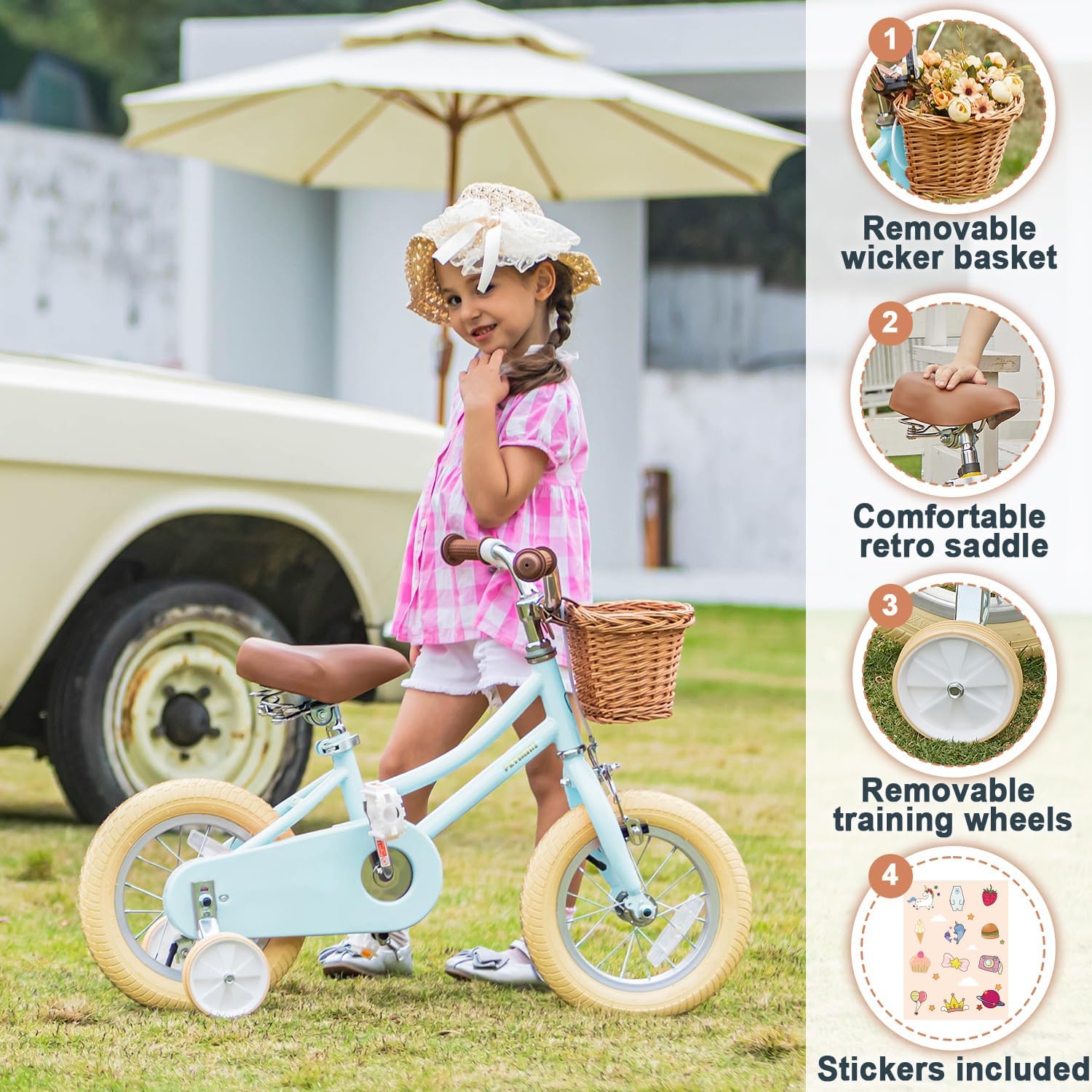 Petimini Vintage Kids Bike for Girls, 12–20 Inch Classic Bicycle with Wicker Basket & Bell, High Tensile Steel Frame, Training Wheels (12–18'), 85% Pre-Assembled, Retro Bike for Outdoor Riding