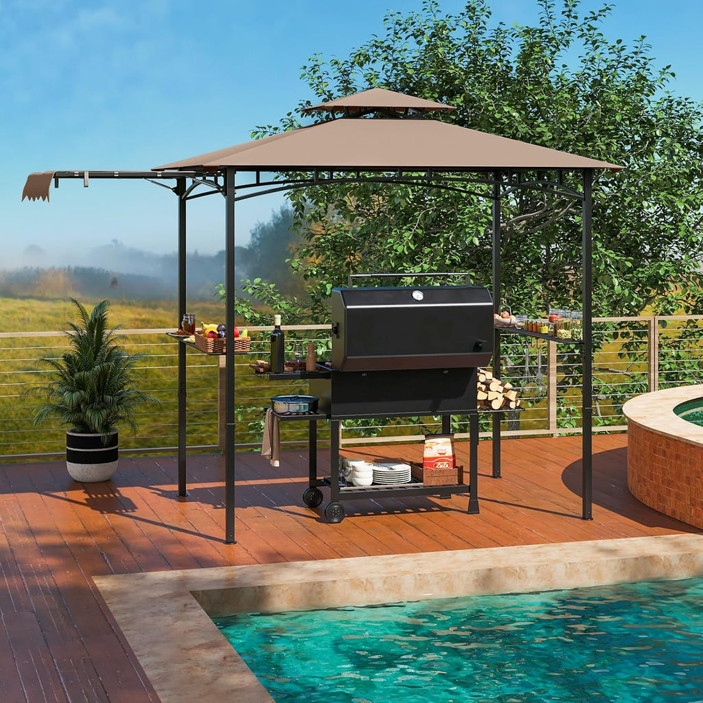Tangkula 11x5 FT Grill Gazebo with Side Awning, 2-Tier Barbecue Gazebo with 2 Shelves, 12 Hanging Hooks, Bottle Opener, Outdoor Grill Canopy for Backyard Garden Poolside (Brown)