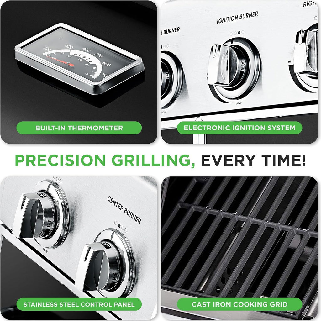Heavy-Duty 5-Burner Propane Gas Grill - Stainless Steel Grill, 4 Main Burner with 1 side burner, 52,000 BTU Grilling Capacity, Electronic Ignition System, Built-in Thermometer - NutriChef NCGRIL2