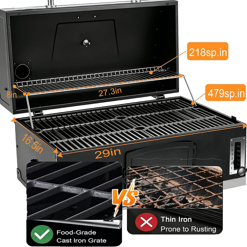 Large Built-in Barbecue Grills, Charcoal BBQ Grills with Liftable Tray, Insulated Hood & Temp Gauge, Black Stainless Steel Charcoal BBQ Barrel Grill for Outdoor Kitchen Camping Park Style