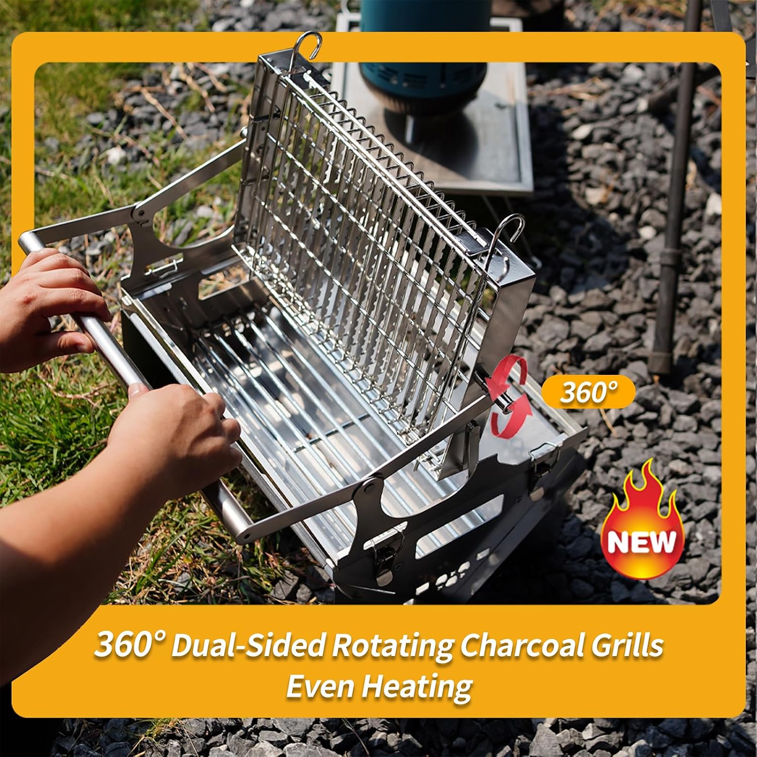 360° Rotating Barbecue Grill, Stainless Steel Flipping Barbecue Grills, Portable Camping Charcoal BBQ Grill Outdoor, Detachable Portable Charcoal Barbecue Grill for Picnic Yard Party