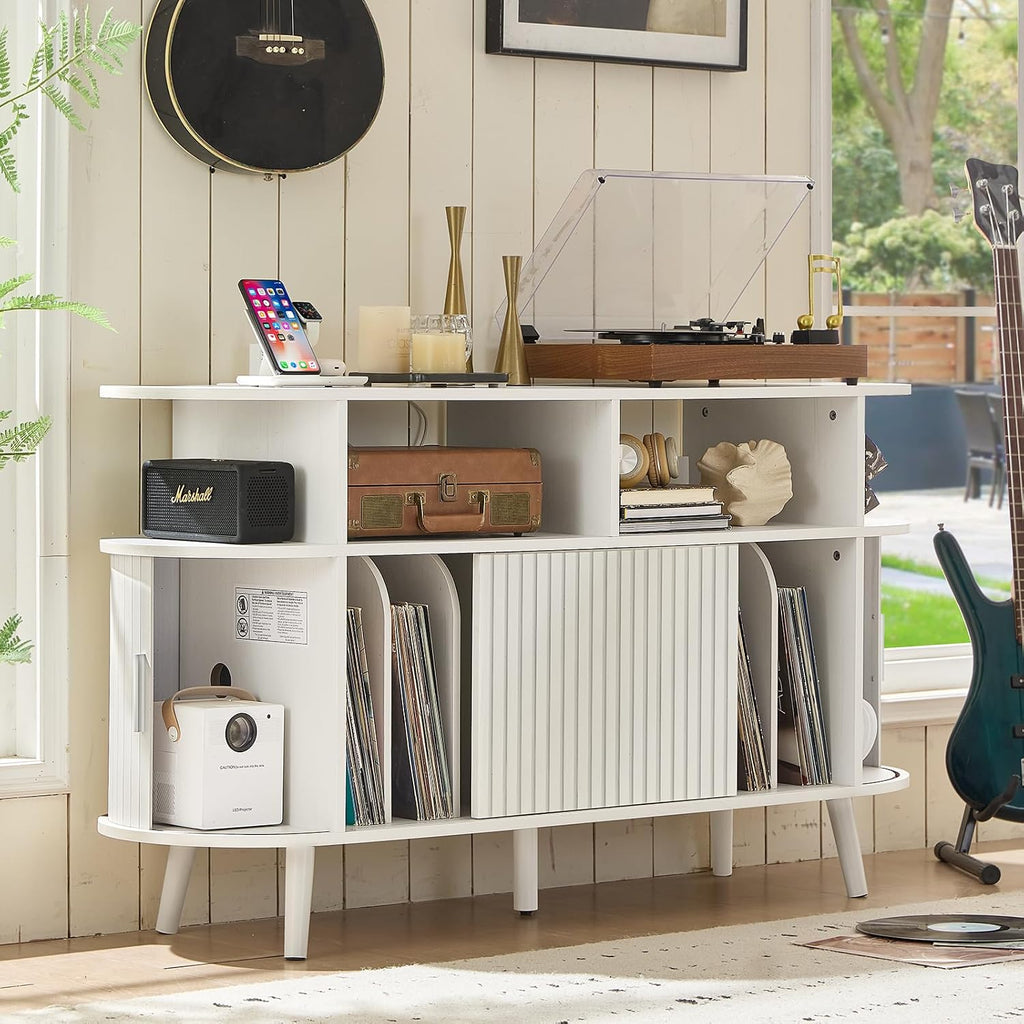 LELELINKY Extra Large Round Record Player Stand with Charging Station & Fluted Panel, Mid Century Modern Turntable Cabinet with Vinyl Storage, Arched Wood Record Player Table for Living Room,White