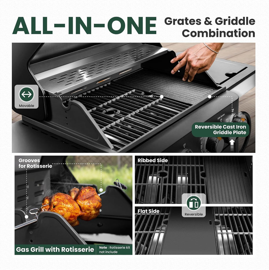 2 in 1 Propane Gas BBQ Grill with Side Burner & Porcelain-Enameled Cast Iron Grate, 4-Burner Flat Top Grill, 46,700 BTU Outdoor Barbecue Propane Griddle Grill Combo for Camping, Patio, Backyard