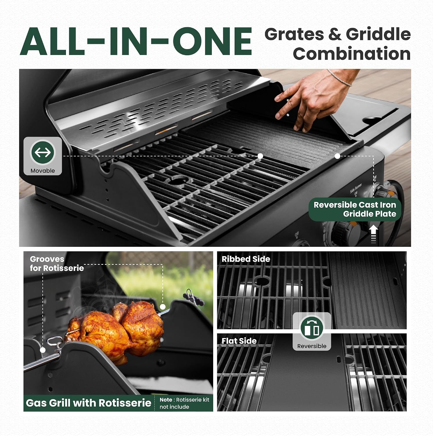 2 in 1 Propane Gas BBQ Grill with Side Burner & Porcelain-Enameled Cast Iron Grate, 4-Burner Flat Top Grill, 46,700 BTU Outdoor Barbecue Propane Griddle Grill Combo for Camping, Patio, Backyard