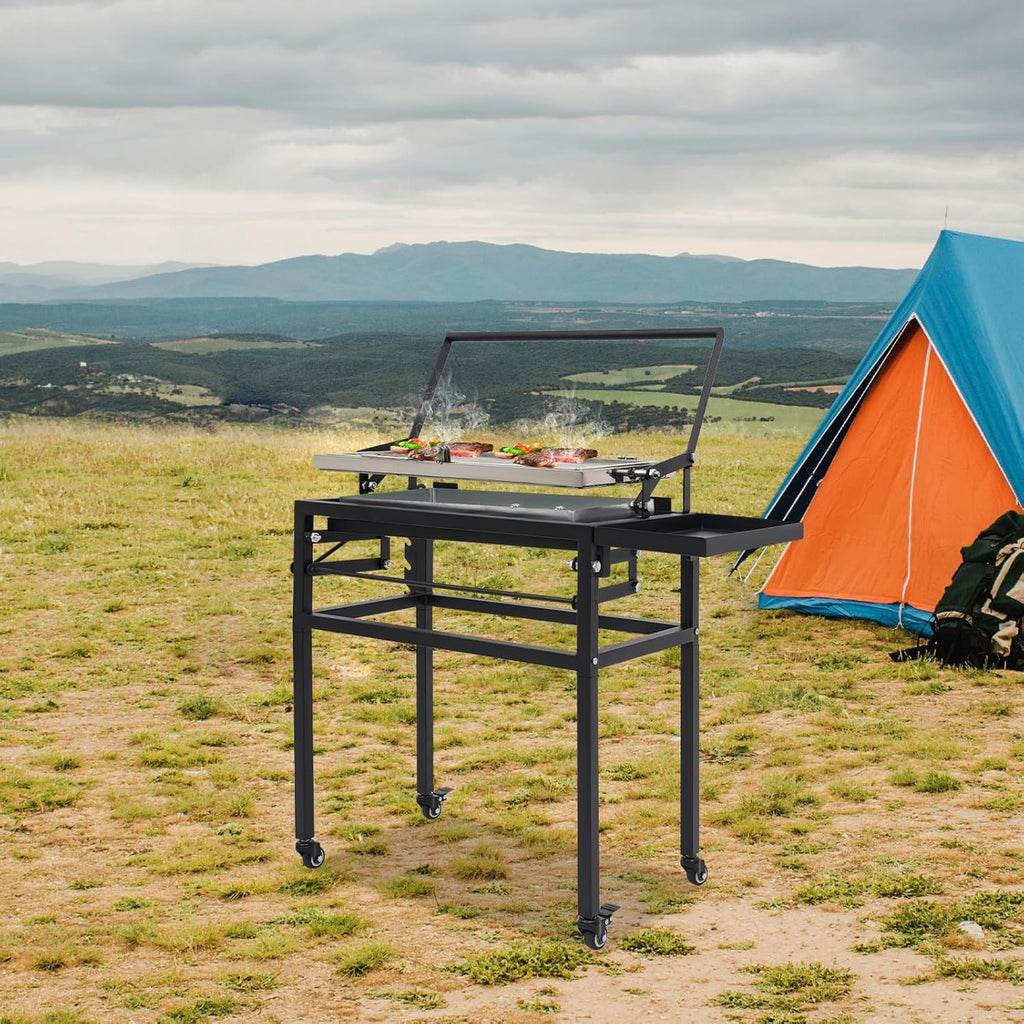 360° Rotating Charcoal Grill with Cart & Wheels, Heavy Duty Portable BBQ for Outdoor Camping, Backyard, Garden Parties | Removable Ash Tray & Adjustable Frame, 8 People, 0.7mm Steel, Black