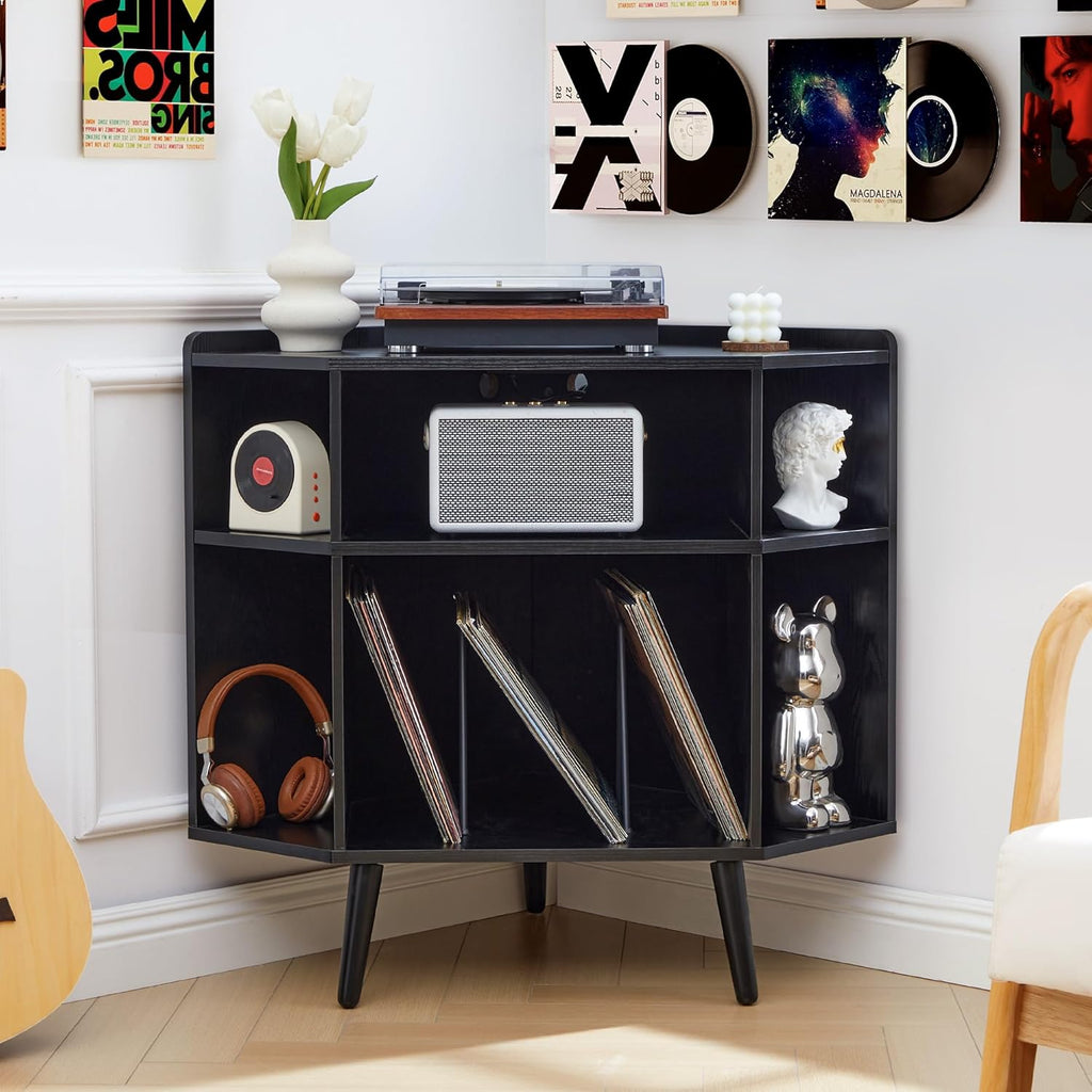 Corner Record Player Stand with Charging Station & USB Ports, 3 Tier Mid Century Modern Vinyl Record Storage Cabinet, Wood Turntable Stand for Music Room, Living Room, Small Space