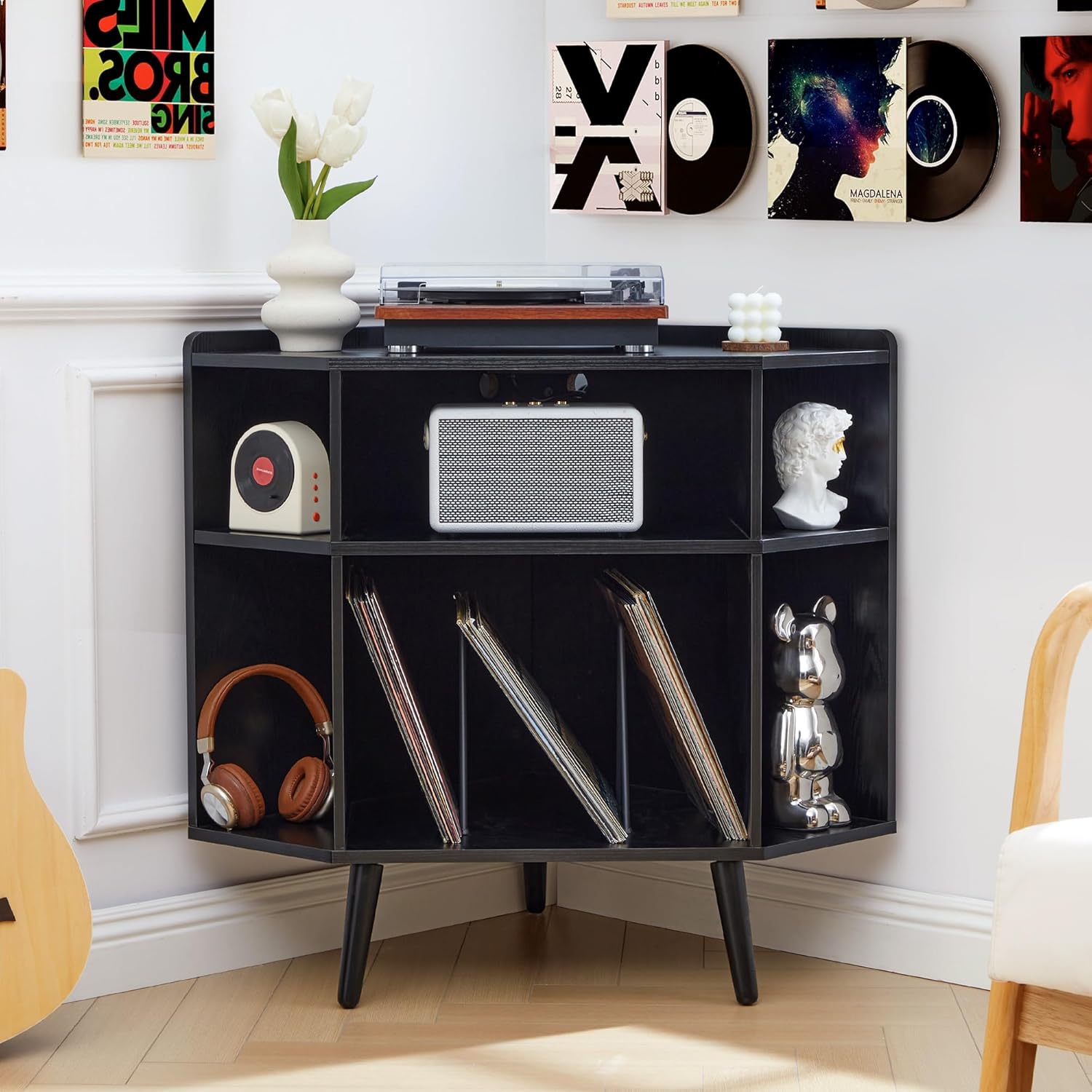 Corner Record Player Stand with Charging Station & USB Ports, 3 Tier Mid Century Modern Vinyl Record Storage Cabinet, Wood Turntable Stand for Music Room, Living Room, Small Space