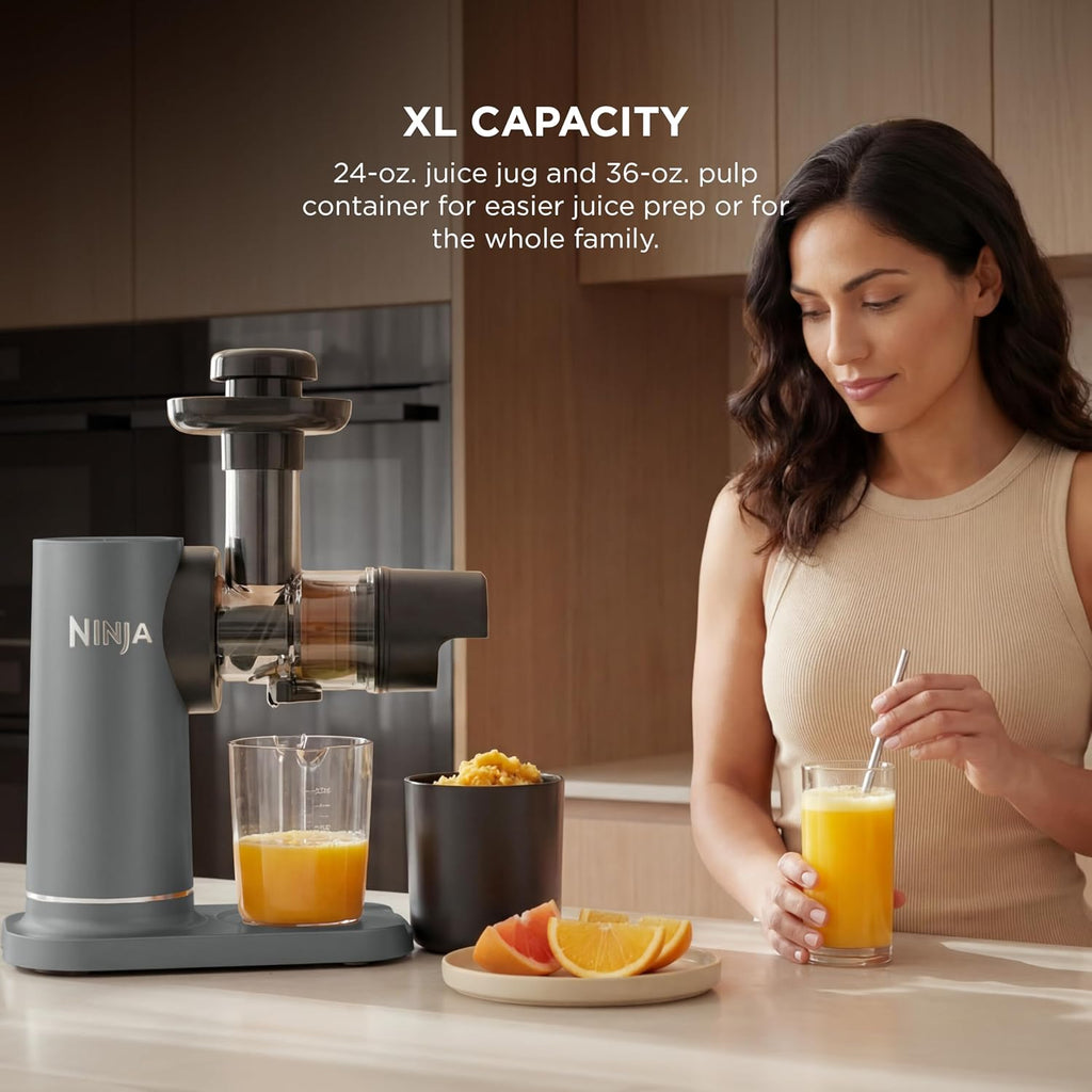 Ninja NeverClog Cold Press Juicer | Powerful Electric Slow Masticating Juicer with Pulp Control | XL Capacity | 24 oz. Juice Jug & 36 oz. Pulp Container | Dishwasher Safe | Charcoal | 150W | JC151