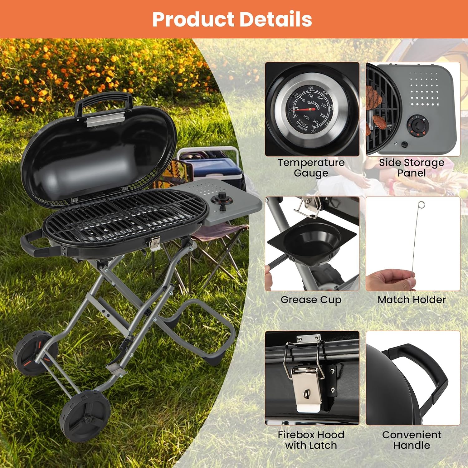 Giantex Portable Propane Gas Grill with 15,000 BTUs Burner, Side Table, 2 Wheels, Grease Tray, Metal Frame, Folding Stand-Up Propane Gas Grill for Outdoor Cooking Camping Barbecue (Black)