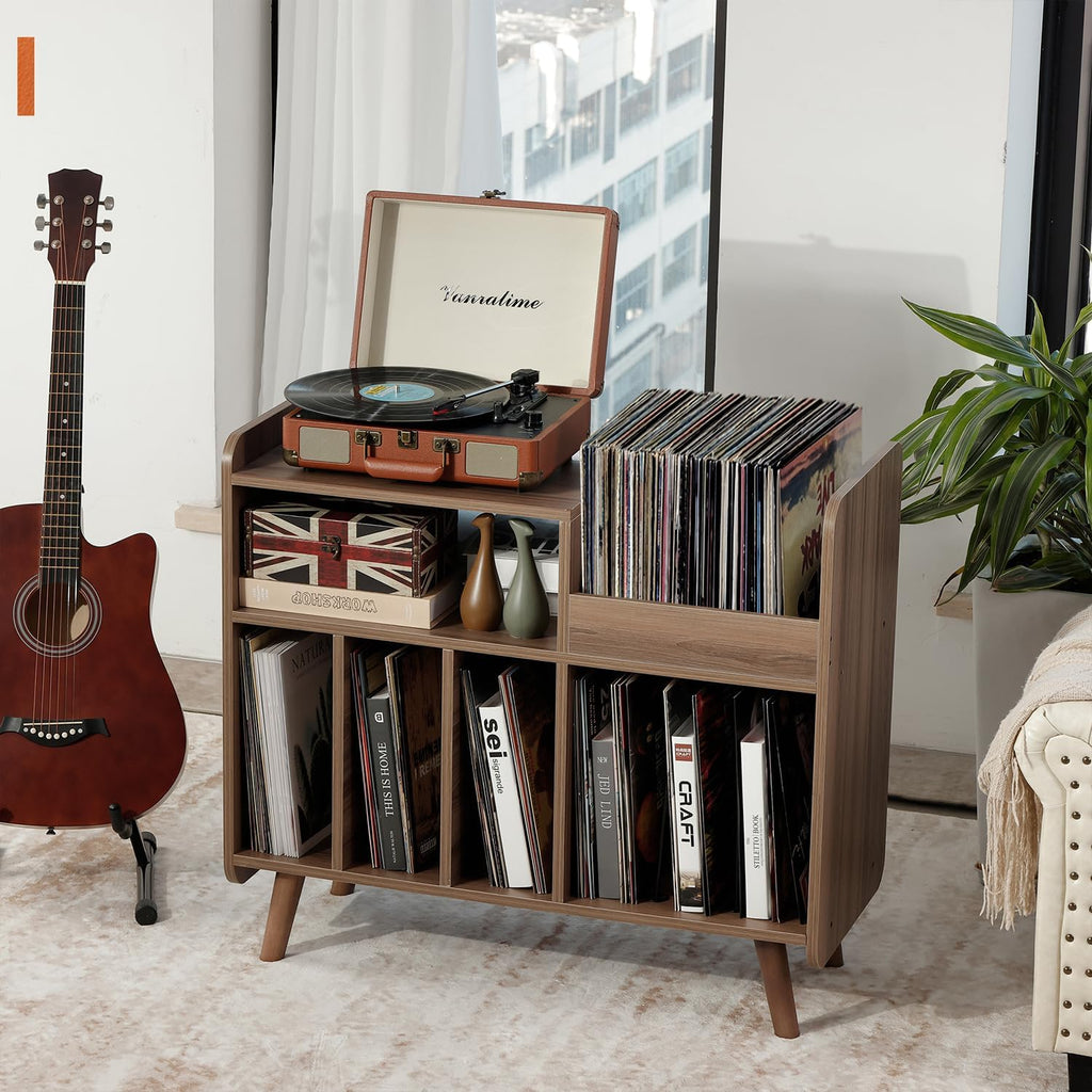 Record Player Stand, Large Record Player Table Cabinet with Open Vinyl Storage and Display Shelf Holds up to 350 Albums, Mid Century Wood Turntable for Living Room, Bedroom (Walnut)