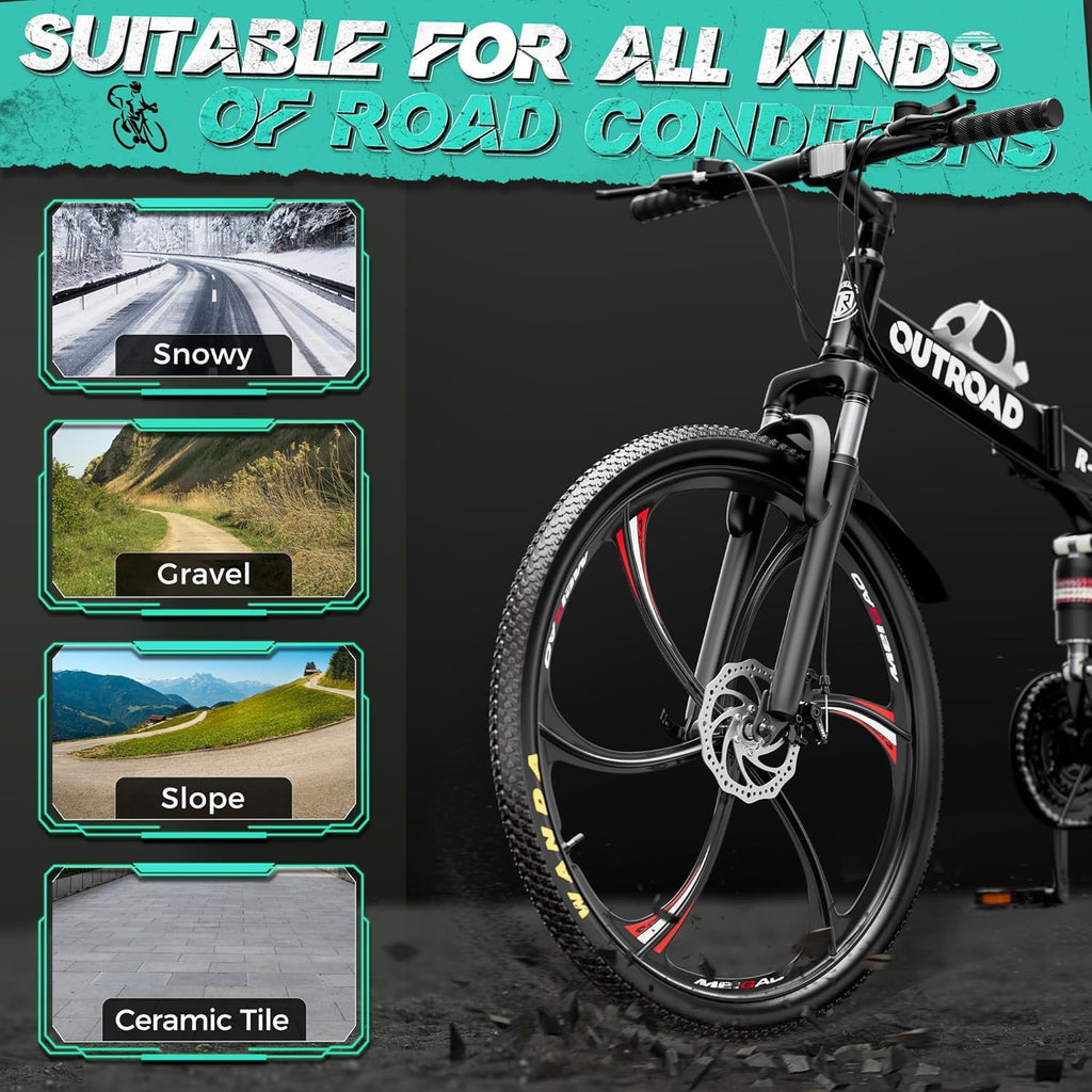 Outroad 26 Inch Folding Mountain Bike, 21 Speed Full Suspension High-Carbon Steel MTB Foldable Bicycle, Dual Disc Brake Non-Slip Folding Bikes for Adults/Men/Women, Black, Orange and Green