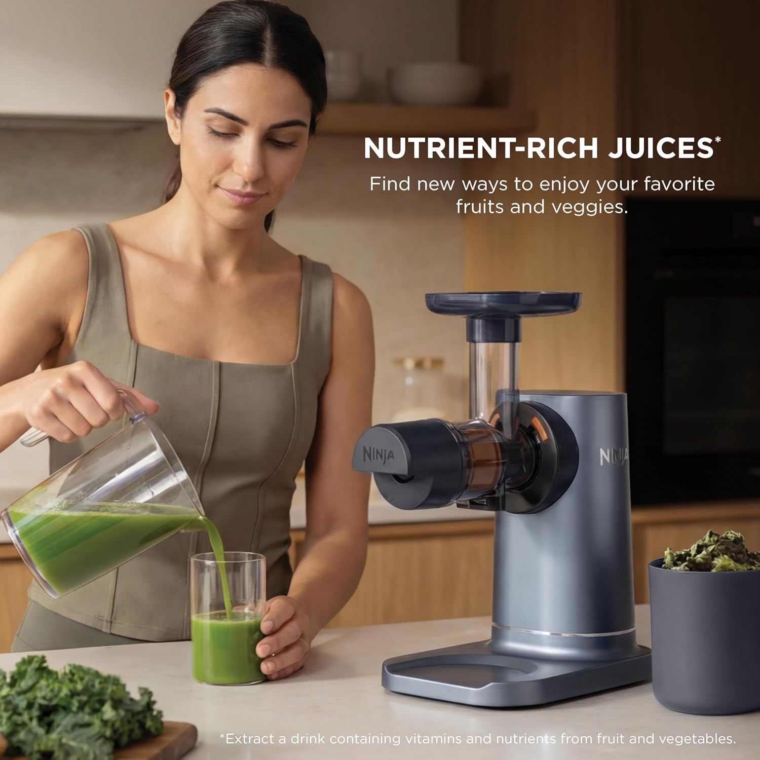 Ninja NeverClog Cold Press Juicer | Powerful Electric Slow Masticating Juicer with Pulp Control | XL Capacity | 24 oz. Juice Jug & 36 oz. Pulp Container | Dishwasher Safe | Navy | 150W | JC151NV