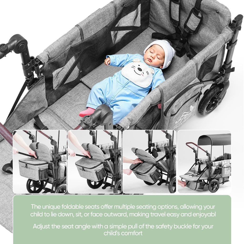 Rovique Wagon Stroller for 2 Kids,Premium Wagon for Kids with Removable Canopy, Snack Tray, Convertible Baby Bassinet, 5-Point Safety Harness, All-Terrain PU Wheels & Adjustable Push/Pull Handle,Grey