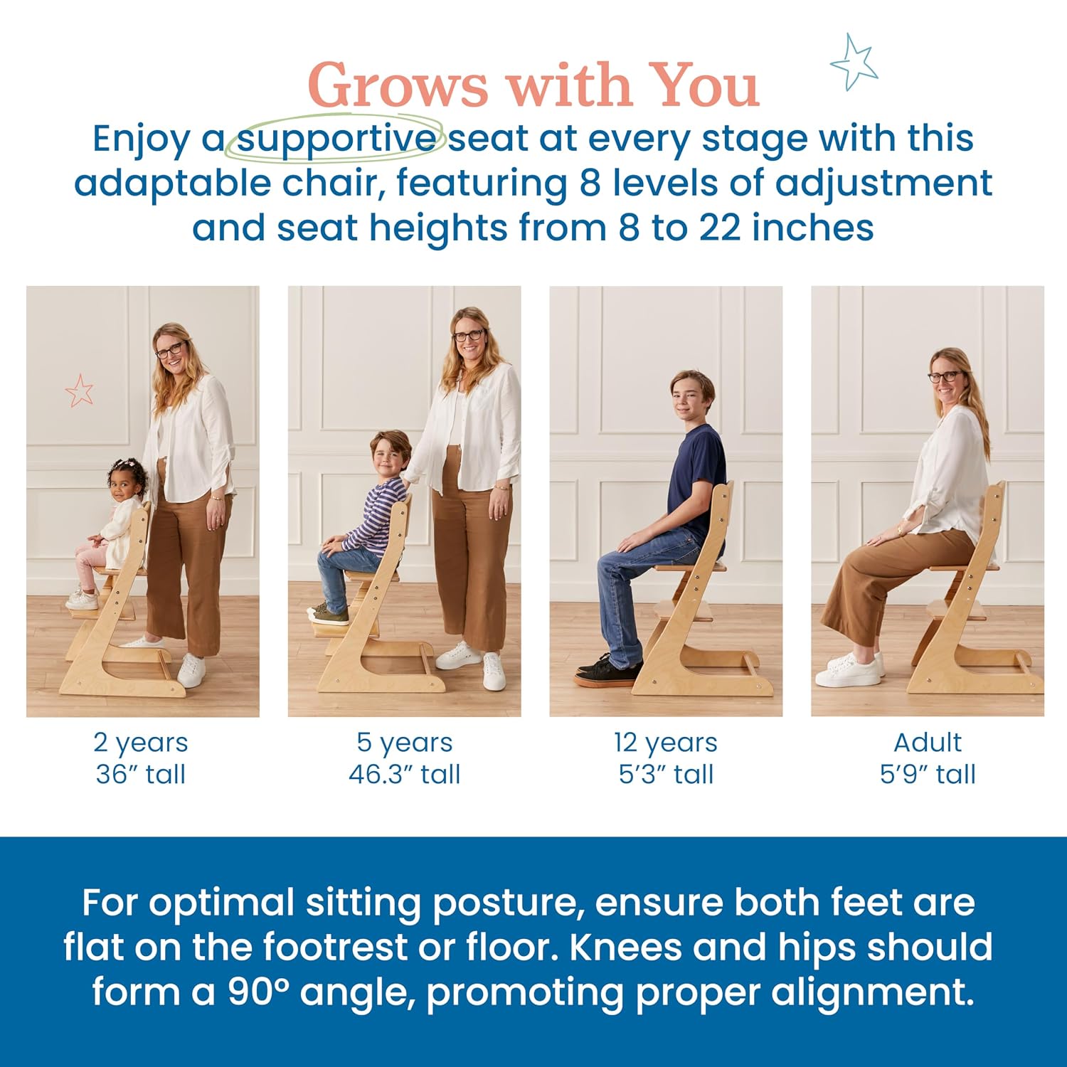 ECR4Kids Grows with Me Chair, Transitional Chair, Natural