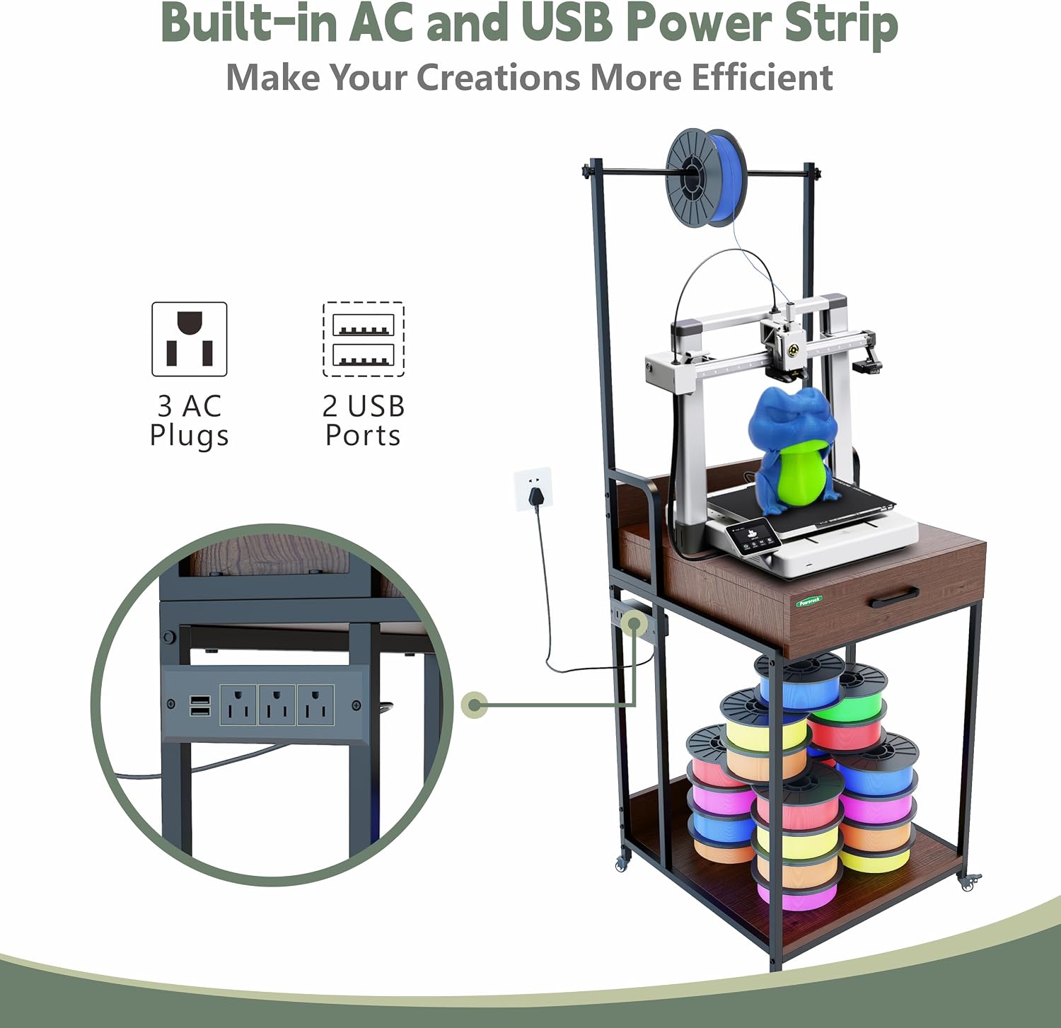 PT2GO Heavy Duty 3D Printer Table Stand with Wooden Drawer, Dual Desk 3D Printer Table, Rolling Filament Spool Holder with Power Hub for Garage Office Workshop