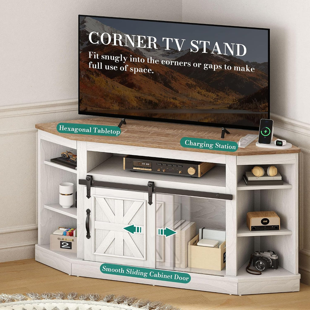YITAHOME Corner TV Stand for 50 Inch TV, Farmhouse Entertainment Center with Storage & Power Outlet, TV Console Cabinet and Sliding Barn Door for Living Room, Grey Wash & Grey White
