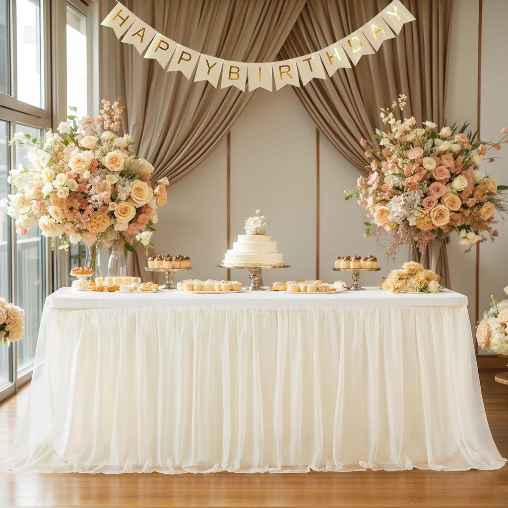 Wish Care 6 Pack Light Champagne Tulle Tablecloth for 6 Foot Rectangle Tables Ruffle Stretch Fitted Table Cloth Tutu Skirt Wrinkle Free Table Cover for Party Wedding Birthday Banquet Cake Tables Decor