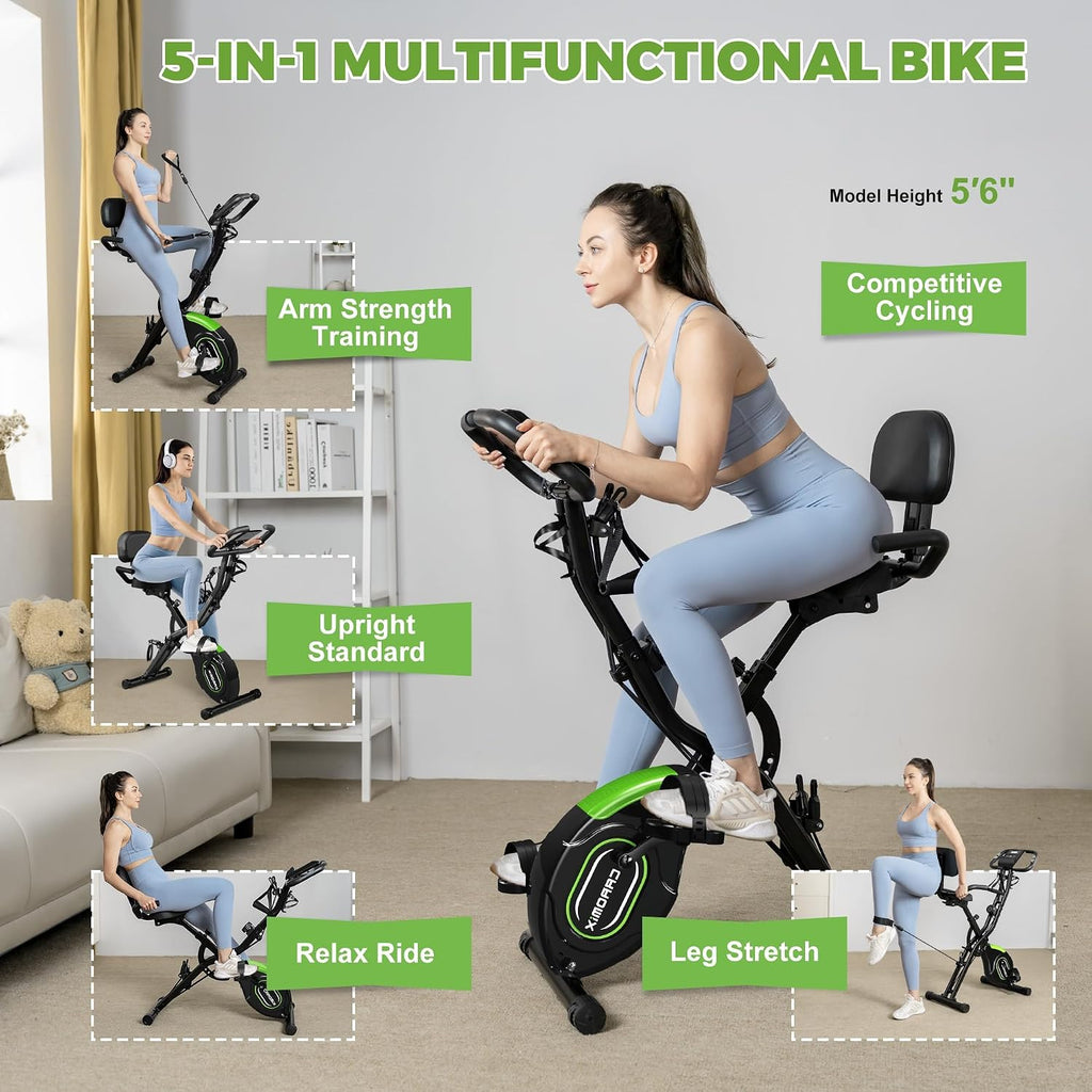 Caromix Folding Exercise Bike, 5 in 1 Stationary Bike with 16-Level Adjustable Magnetic Resistance, 330LB Capacity Indoor Workout Bike, Foldable Exercise Bike for Seniors and Adult