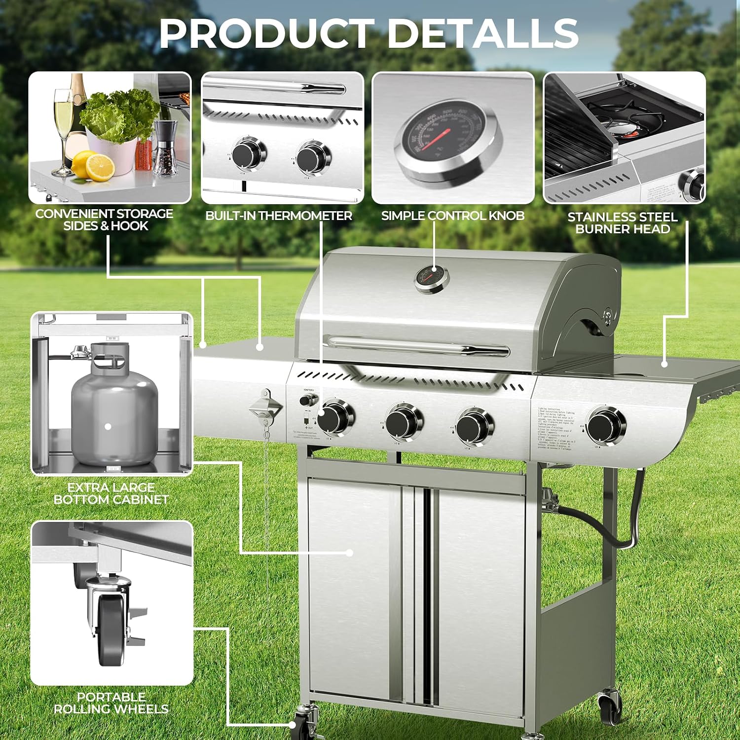 34,000 BTU 3-Burner Propane Gas Grill with Side Burner, All Stainless Steel BBQ Grill, Cast Iron Grates & Portable Cart with Wheels，Outdoor Barbecue Grill for Backyard, Patio, Camping (G31 PRO)