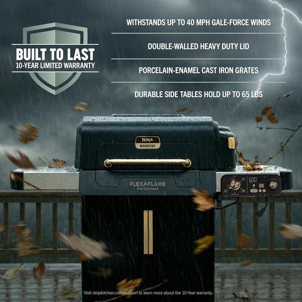 Ninja FlexFlame ProConnect Grill & Smoker | 5-in-1 Smart Cooking System | Electric & Propane | App-Connected | 3-Burner Digital Control | Roast, Griddle & Pizza Maker | Black/Gold | PG305