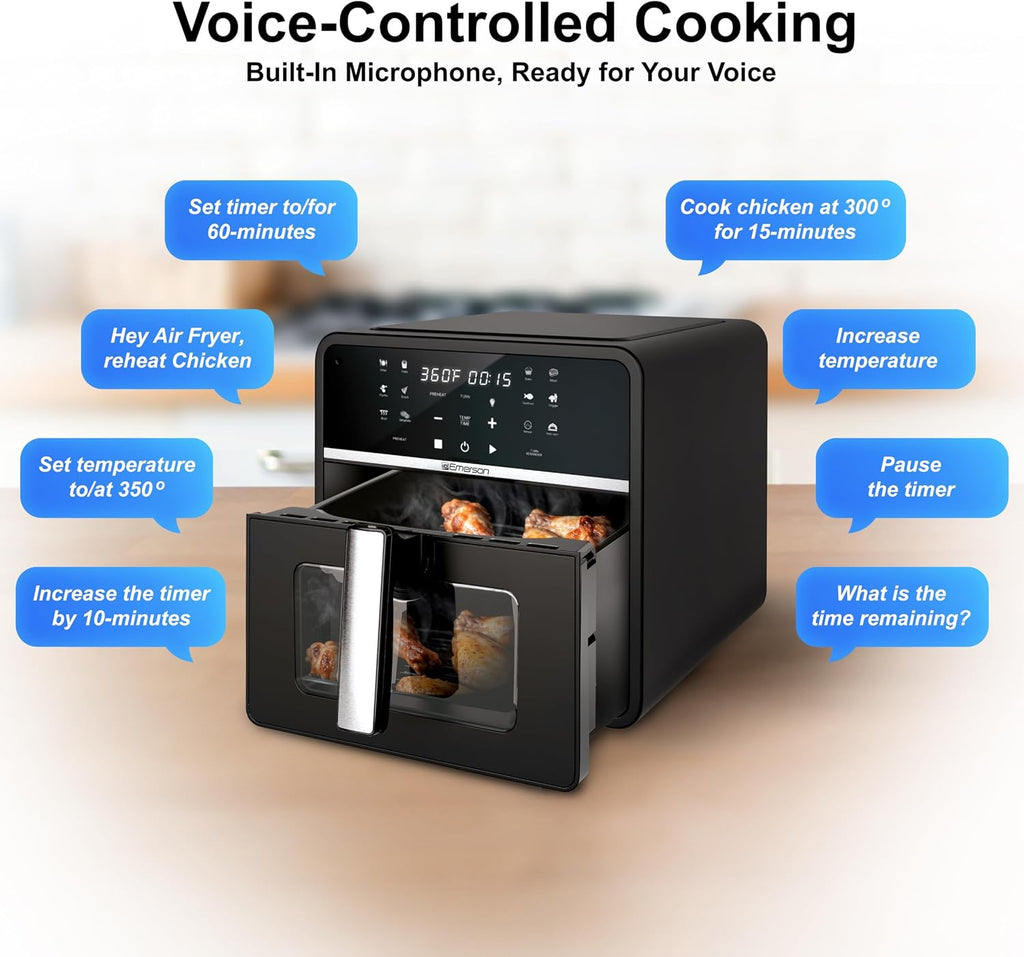 Emerson SmartVoice 10QT 6-in-1 Air Fryer, 1000+ Voice Control Commands, 100+ Recognized Food, No APP, No WIFI, No Setup, Nonstick Basket, Air Fry, Bake, Reheat, Dehydrate, 1700W