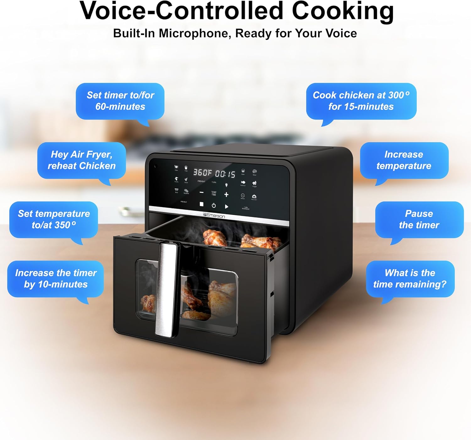 Emerson SmartVoice 10QT 6-in-1 Air Fryer, 1000+ Voice Control Commands, 100+ Recognized Food, No APP, No WIFI, No Setup, Nonstick Basket, Air Fry, Bake, Reheat, Dehydrate, 1700W