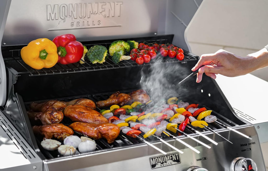Monument Grills 4-Burner Liquid Propane Gas Grill, Silver Stainless Steel Grill Patio Garden Barbecue Grill with Clearview® Lid and One Foldable Shelf, Mesa400MF with BBQ Cover