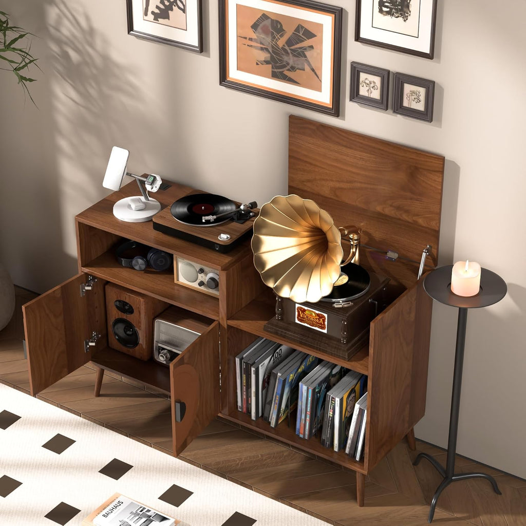 Fiogmub Large Record Player Stand, Mid Century Turntable Stand with Door, Record Player Table Holds Up to 350 Albums,Vinyl Display Shelf for Living Room (Brown)