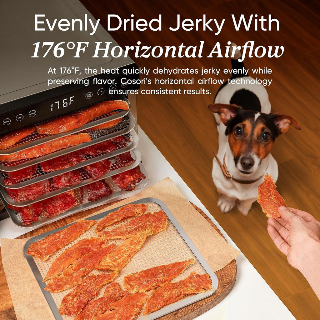 Cosori Food Dehydrator for Jerky, 176°F Temperature Control, 5 Stainless Steel Trays with 5.1 ft² Drying Space, 4 Presets, 48H Timer, for Dog Treats, Meat, Fruit, Veggies, Snacks, Bright-Silver
