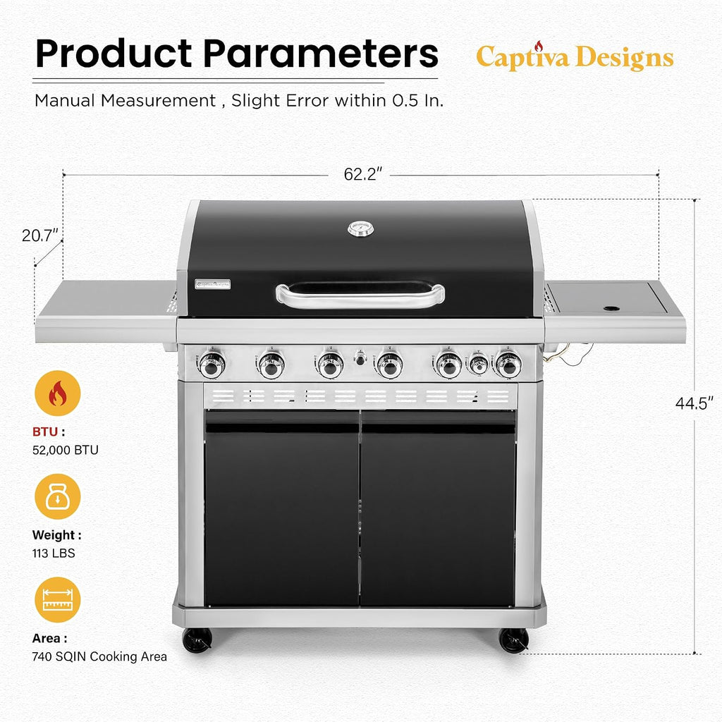 Captiva Designs 6-Burner Propane Gas BBQ Grill with Side Burner & Porcelain-Enameled Cast Iron Grate and Plate for Outdoor Barbucue Events, 52,000 BTU Output,740 SQ.IN. Cooking Area，Heavy Duty