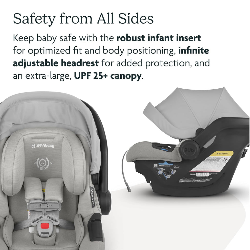 UPPAbaby Mesa Max Infant Car Seat/Base with Load Leg and Robust Infant Insert Included/Innovative Safety Features + Simple Installation/Direct Stroller Attachment/Anthony (White+Grey Chenille)