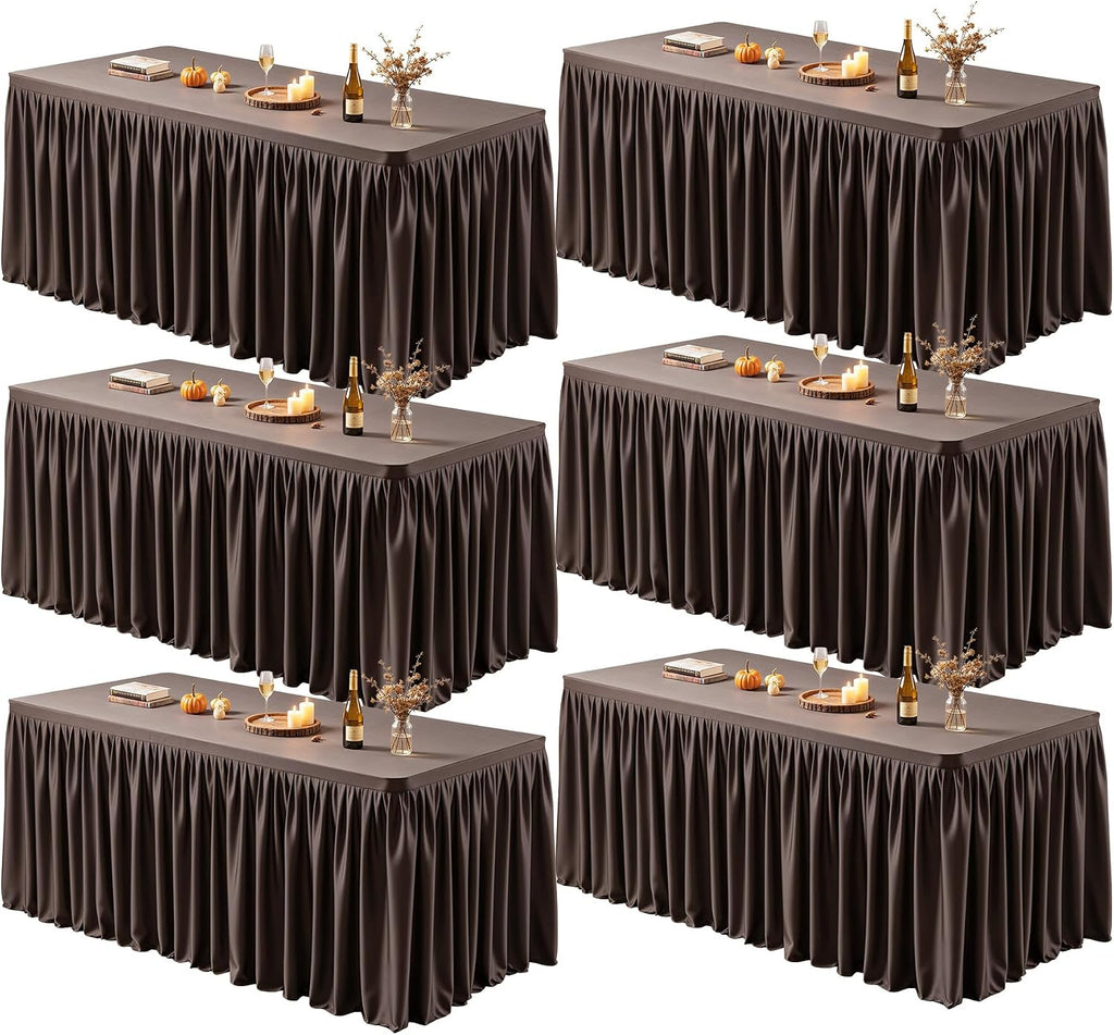 PARTISKY 6 Pack Chocolate Tablecloths for Rectangle Tables 8ft, Wrinkle Resistant Spandex Table Cover Fitted Stretch Table Cloth with Pleated Ruffle Skirts for Party Banquet Dining Birthday Wedding