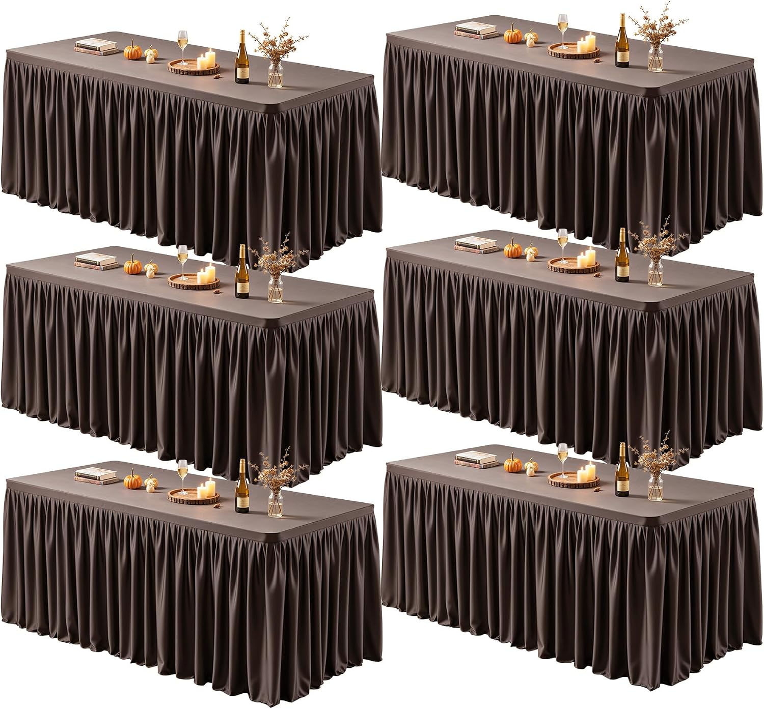 PARTISKY 6 Pack Chocolate Tablecloths for Rectangle Tables 8ft, Wrinkle Resistant Spandex Table Cover Fitted Stretch Table Cloth with Pleated Ruffle Skirts for Party Banquet Dining Birthday Wedding