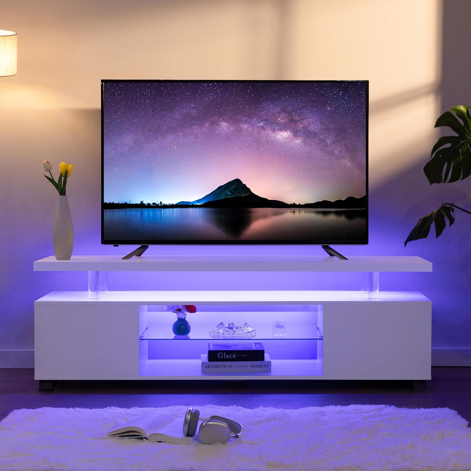 Cubehom White TV Stands for Living Room LED TV Stand Modern TV Stand with Storage for 55/60/65 inche TVs Entertainment Center for Living Room