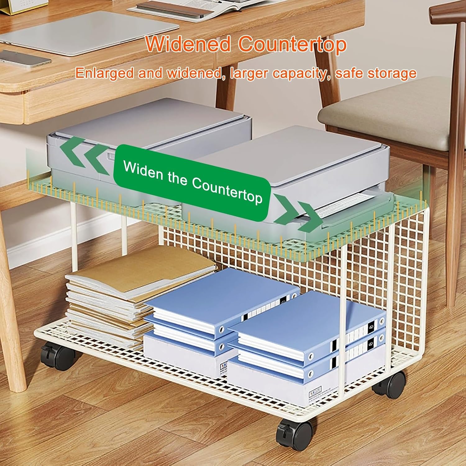 2-Tier Printer Stand Printer Cart, Under Desk Printer Shelf, Metal Printer Table with 360° Lockable Wheels, Storage Rack for 3D & Laser Printer, Scanner, Heat Press(White,48x38x37cm)