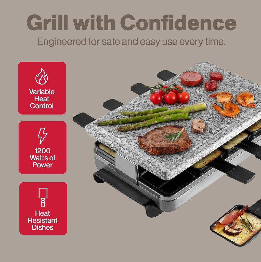 Swissmar Stelvio Raclette Party Grill with Granite Stone Non-Stick Grill Plate/Crepe Top, Outdoor & Indoor Electric BBQ Grill, Samgyupsal Griller - Brushed Stainless Steel - 8-Person - Silver