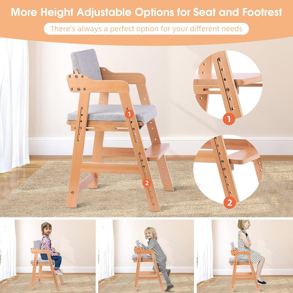 Ezebaby Wooden High Chair for Toddlers to Teens Adjustable Kids Learning Chair with Steps, Child Seats with Removable Cushion (Natural Color)