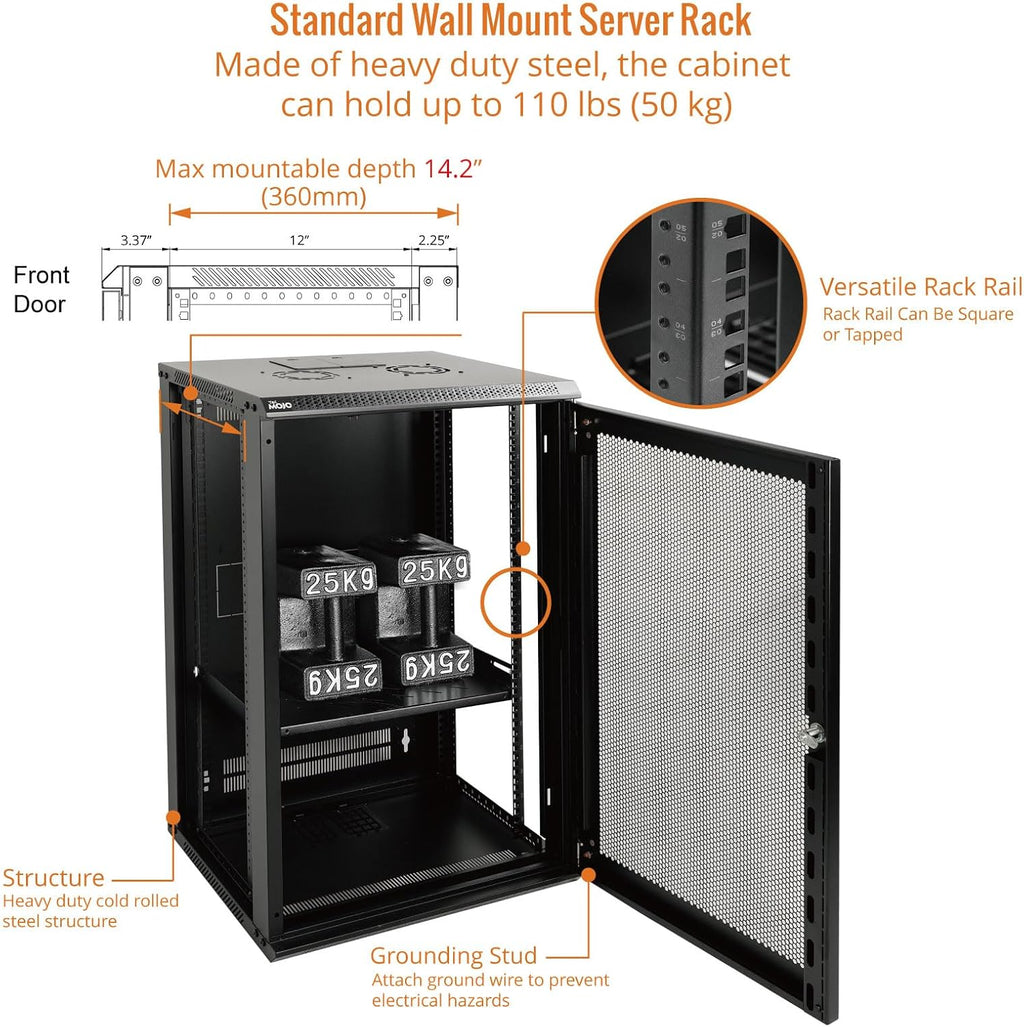 Tecmojo 18U Wall Mount Rack Network Cabinet for 19' IT Equipment,with Lockable Mesh Door and Side Panels,Cooling Fan,Black,17.7inch Depth for AV/Computer/Electronics Equipment Data Rack
