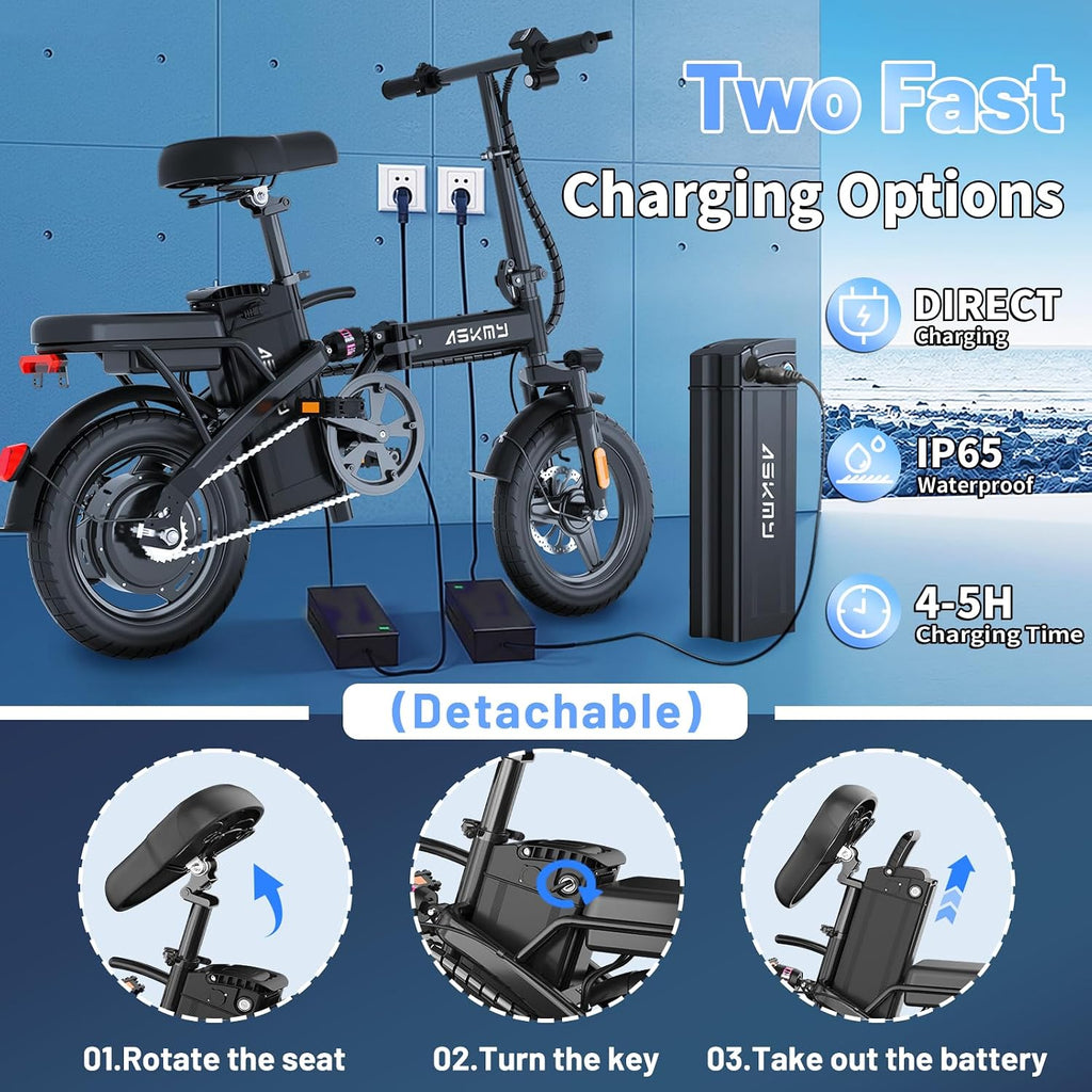 Foldable Electric Bike for Adults and Teens, 740W Peak Motor Ebike with 48V 10AH/20AH Removable Battery, 30-60 Miles PAS Range, 14' Folding Mini E-Bike, 20MPH Electric Bicycle for Daily Commuting