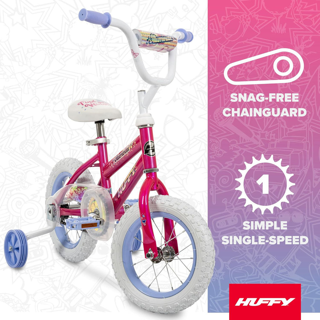 Huffy Illuminate Bike for Girls, 12/16/20 Inch Size Options, Ages 3+ Years Old, Removable Training Wheels (12' and 16' Only), Multiple Color Options, Easy Assembly, Adjustable Seat, Durable