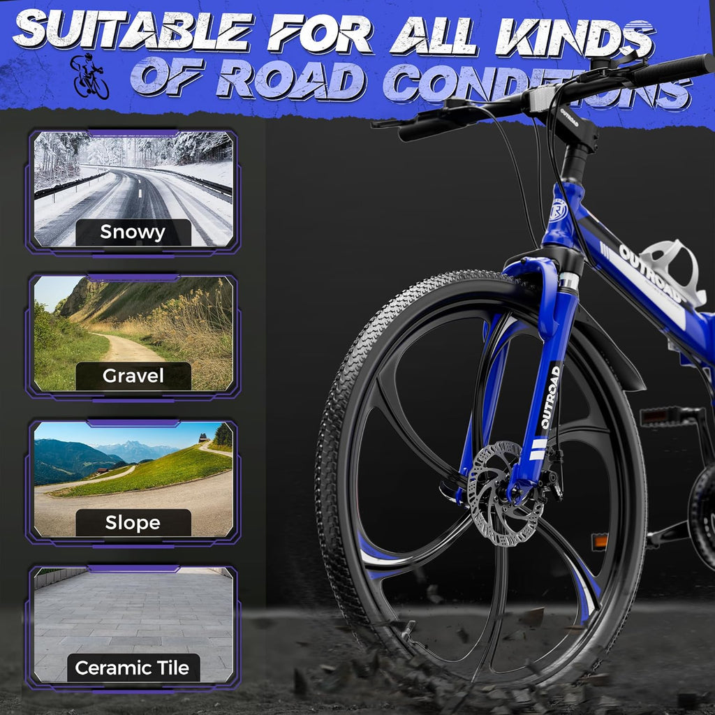 Outroad 26 Inch Folding Mountain Bike, 21 Speed Full Suspension High-Carbon Steel MTB Foldable Bicycle, Dual Disc Brake Non-Slip Folding Bikes for Adults/Men/Women, Black, Orange and Green