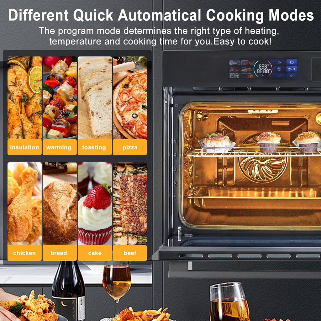 GarveeHome Single Wall Oven 24 in, Built-in Electric Ovens with Steam&Grill&Air Frying Mode, 3000W, 240V, 2.5Cu.ft Convection Built-in Oven, Stainless Steel, Colorful Touch Screen