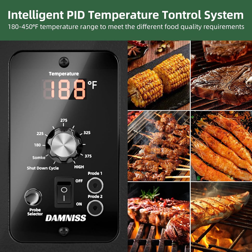 DAMNISS Pellet Grill Smoker 8 In 1 Outdoor Wood Electric Pellet BBQ Grill With PID Temperature Control And Meat Probe 456 Sq.In Removable Cooking Area Easy Clean