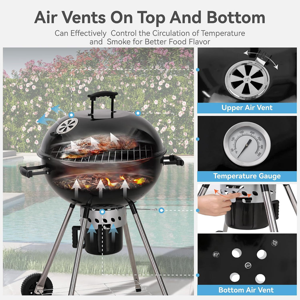 GREEN PARTY 22 inch Kettle Charcoal BBQ Grill with Wheels, Portable Charcoal Grill with Porcelain-Enameled Lid & Ash Catcher for Outdoor Cooking Barbecue Camping Picnics Tailgating, Black